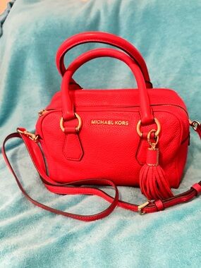Michael Kors Bright Red Pebbled Leather Satchel with Tassel